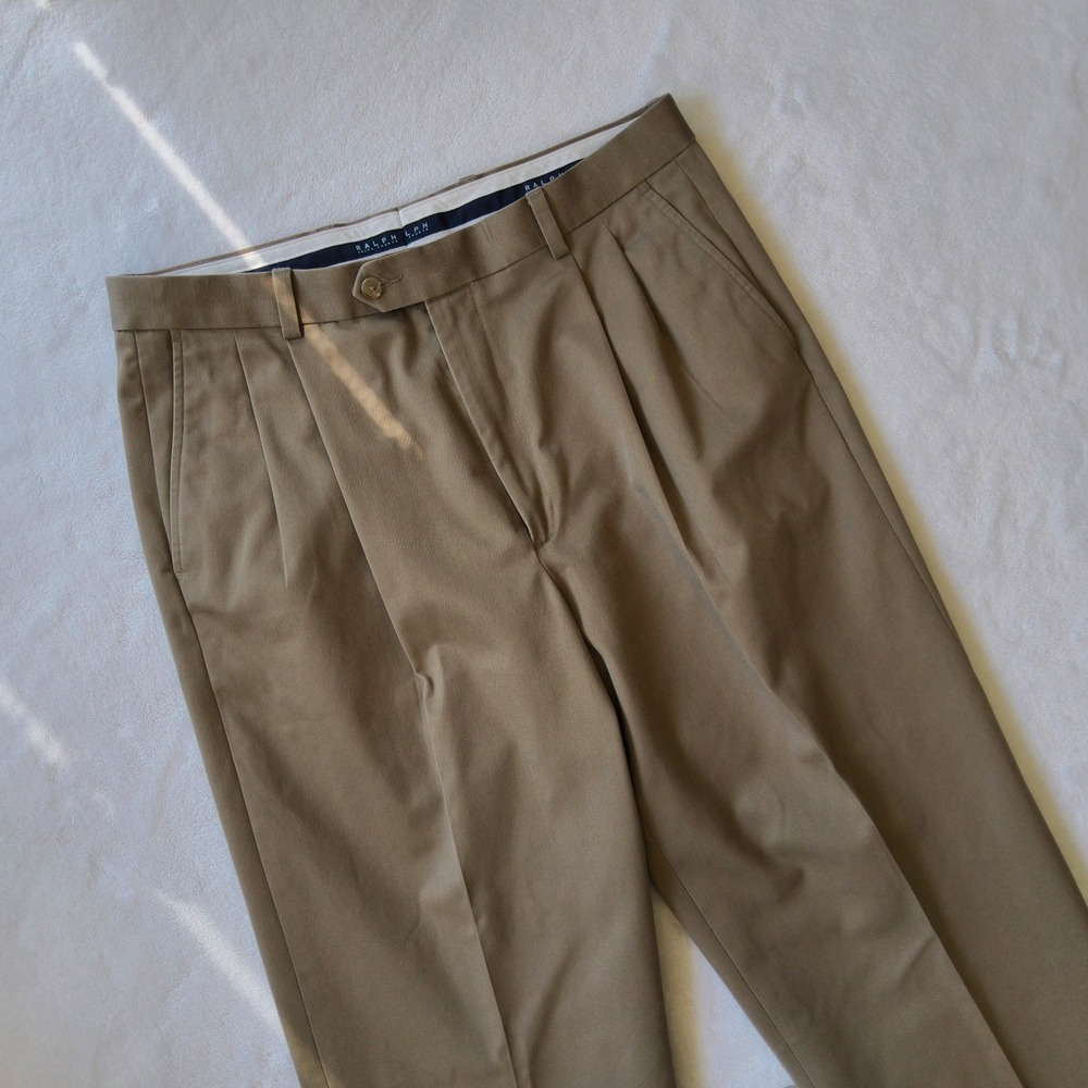 Vintage Y2K Ralph Lauren Double Pleated Cuffed Pant Men 36x36 Khaki Cotton Chino